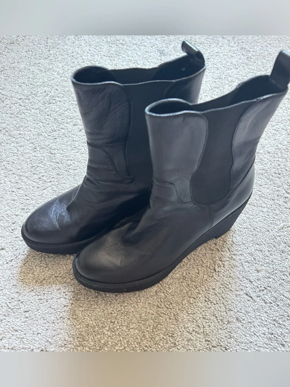 Robert Clergerie Paris Black Leather Wedge Platform Chelsea Boots Womens